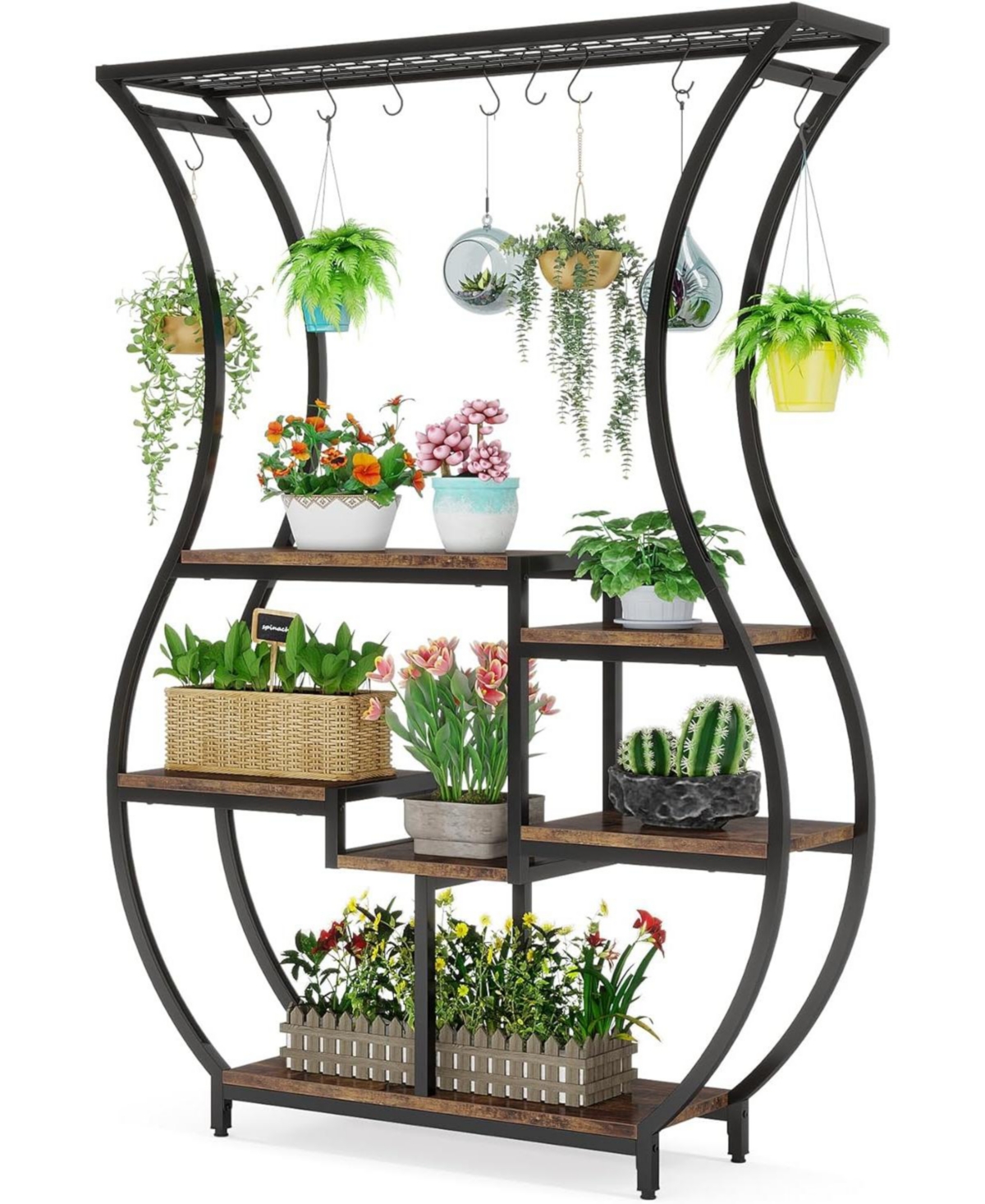 Tribesigns 6-Tier Plant Stand, 70.9 Inch Tall Plant Shelf with 10 Hanging Hooks, Vase Shape Ladder Plant Stand, Multi-Purpose Plant Display Rack for I