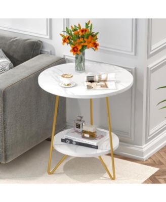 Faux Marble End Table, 2 Tier Round Side Table with Shelves, Modern Gold Nightstand Bedside Table Small Coffee Accent Table for Living Room Bedroom, White and Gold