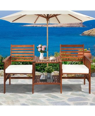 Acacia Wood Loveseat Patio Outdoor Conversation Set w/ Table White Cushion