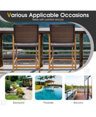 Set of 2 PE Wicker Patio Bar Chairs with Acacia Wood Armrests