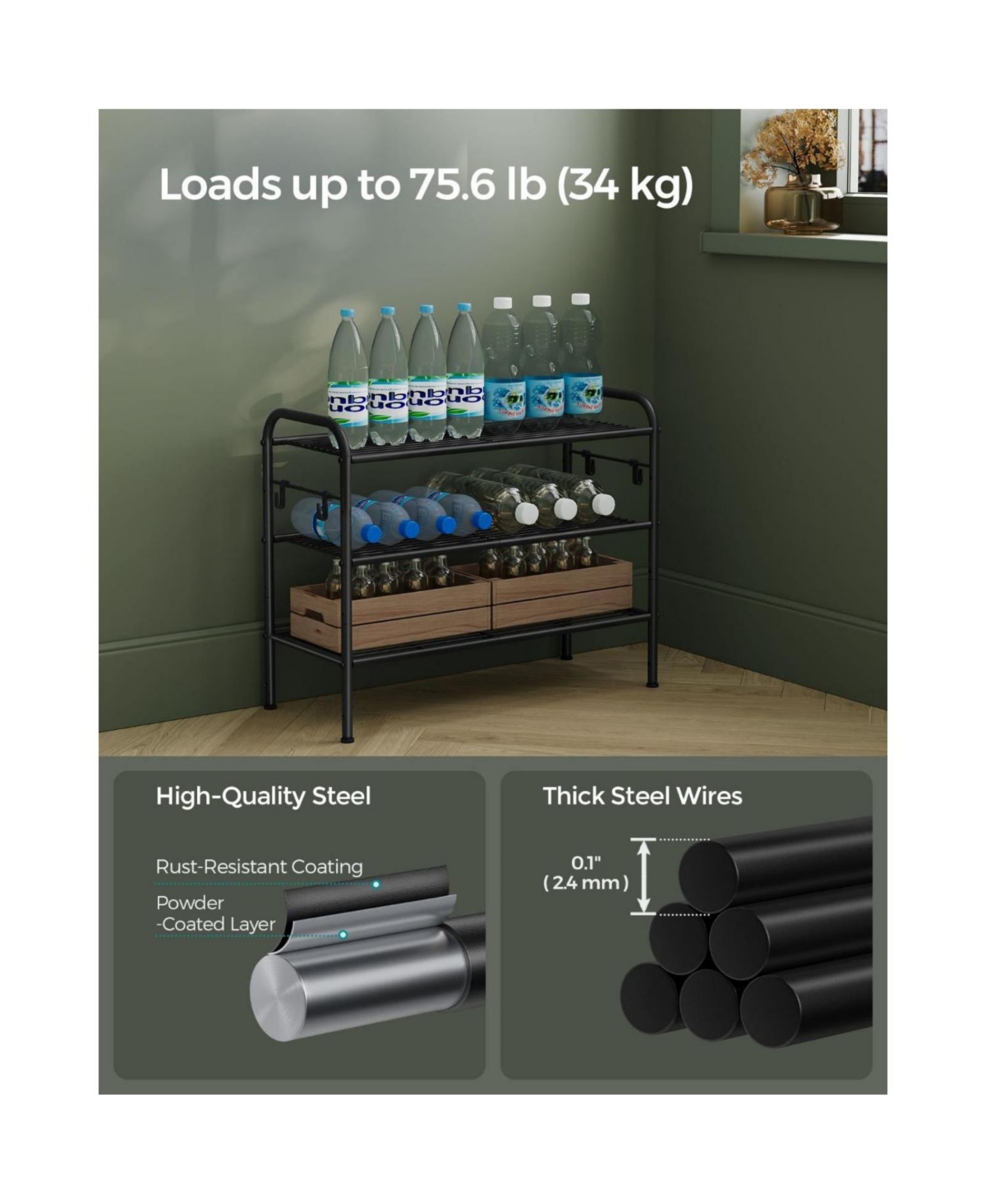 Slickblue Shoe Rack, Shoe Organizer, Metal Shoe Shelf Storage with Side Hooks, Height-Adjustable Shoe Rack