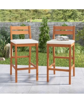 Set of 2 Outdoor Wood Barstools with Soft Seat Cushion