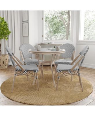 Bamboo Finished Metal Frame Celia Bistro Style Table with Glass Top, Pe Rattan, 4 Stack Chairs