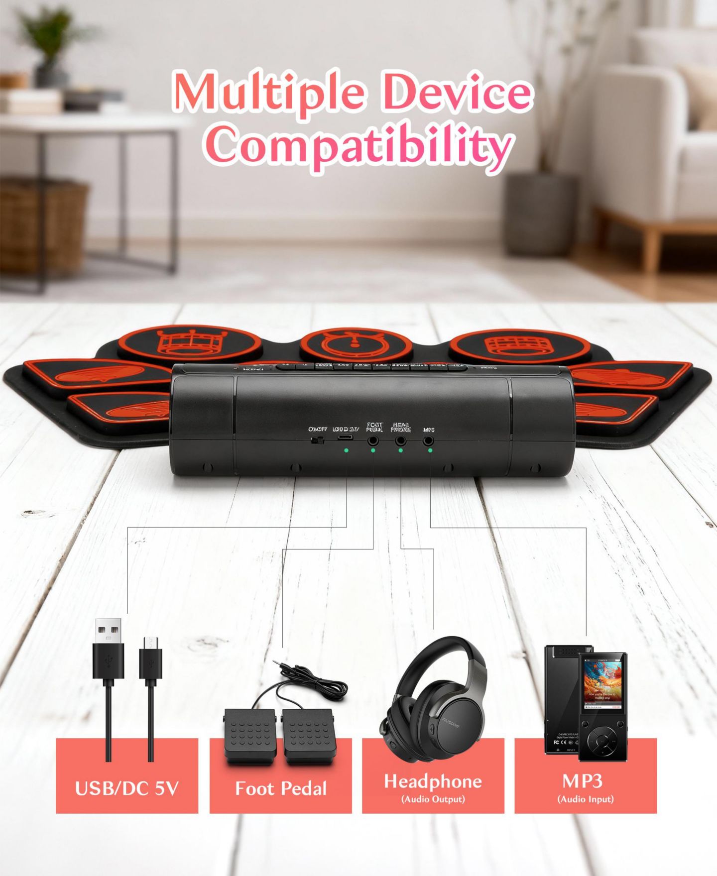 Детские игрушки SUGIFT Kids Roll-Up Electronic Drum Set with Speakers, Headphone Jack & Foot Pedals, цвет: Красный — фото 5