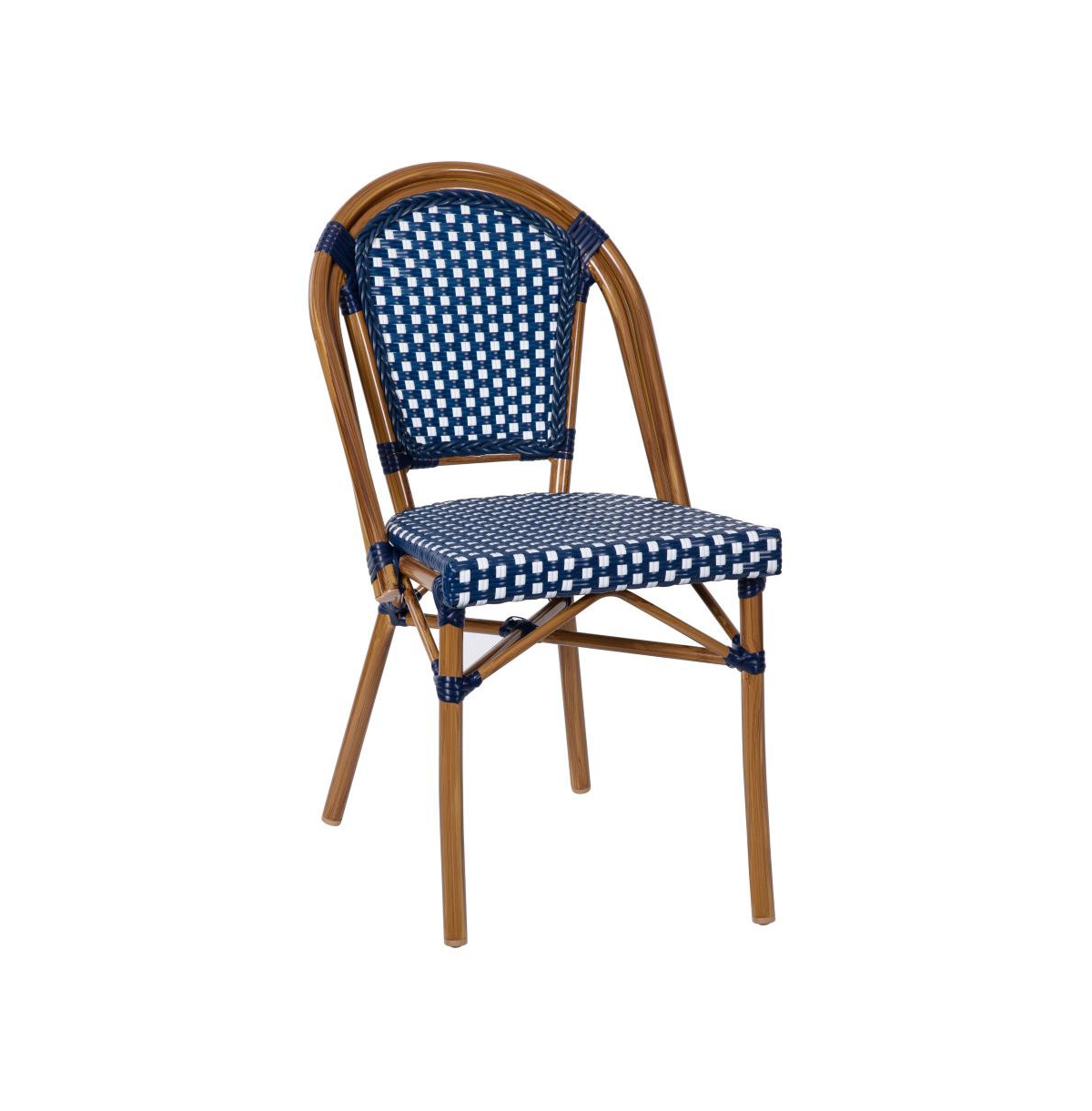 Merrick Lane Sacha Bistro Style Table With Glass Top, Pe Rattan, 2 Stack Chairs, And Bamboo Finished Metal Frame For Indoor/Outdoor Use - Navy  white