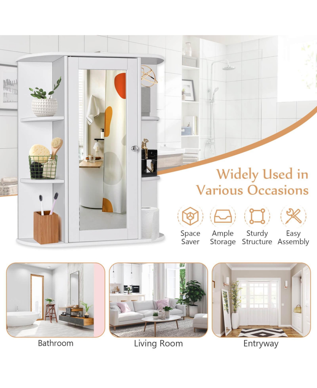 Sugift Bathroom Single Door Shelves Wall Mount Cabinet with Mirror