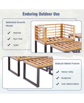 5 Piece Patio Acacia Wood Chair Set with Ottomans and Coffee Table