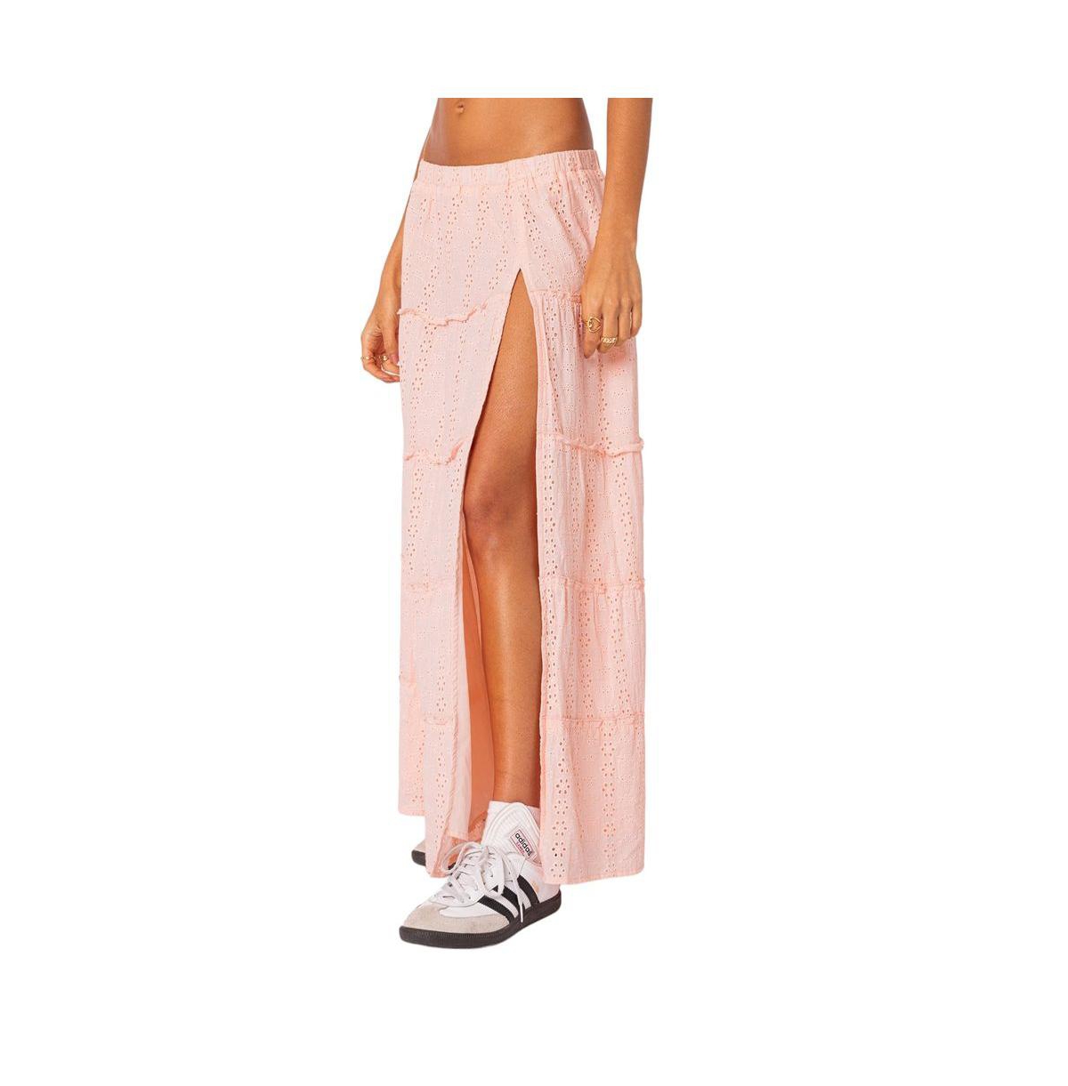 Edikted Women's Tiered Eyelet Slitted Maxi Skirt - Light-pink
