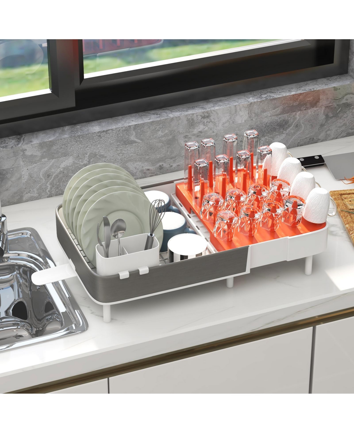 Sugift Expandable Dish Drying Rack Adjustable Dual-Part Dish Drainer with Detachable Utensil Holder