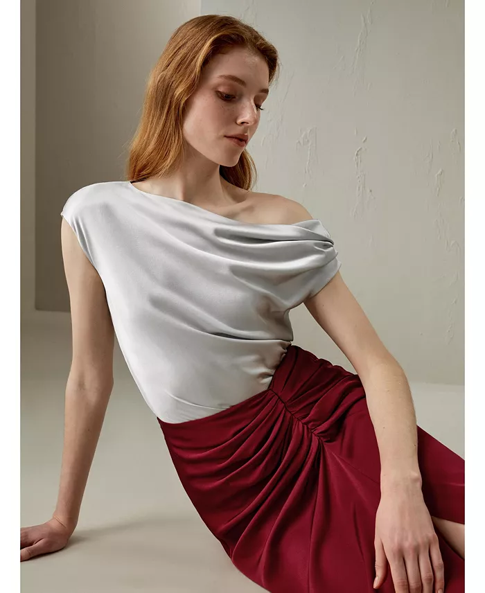 Women's Boat Neck Regular Fit Silk Top - thumbnail 10