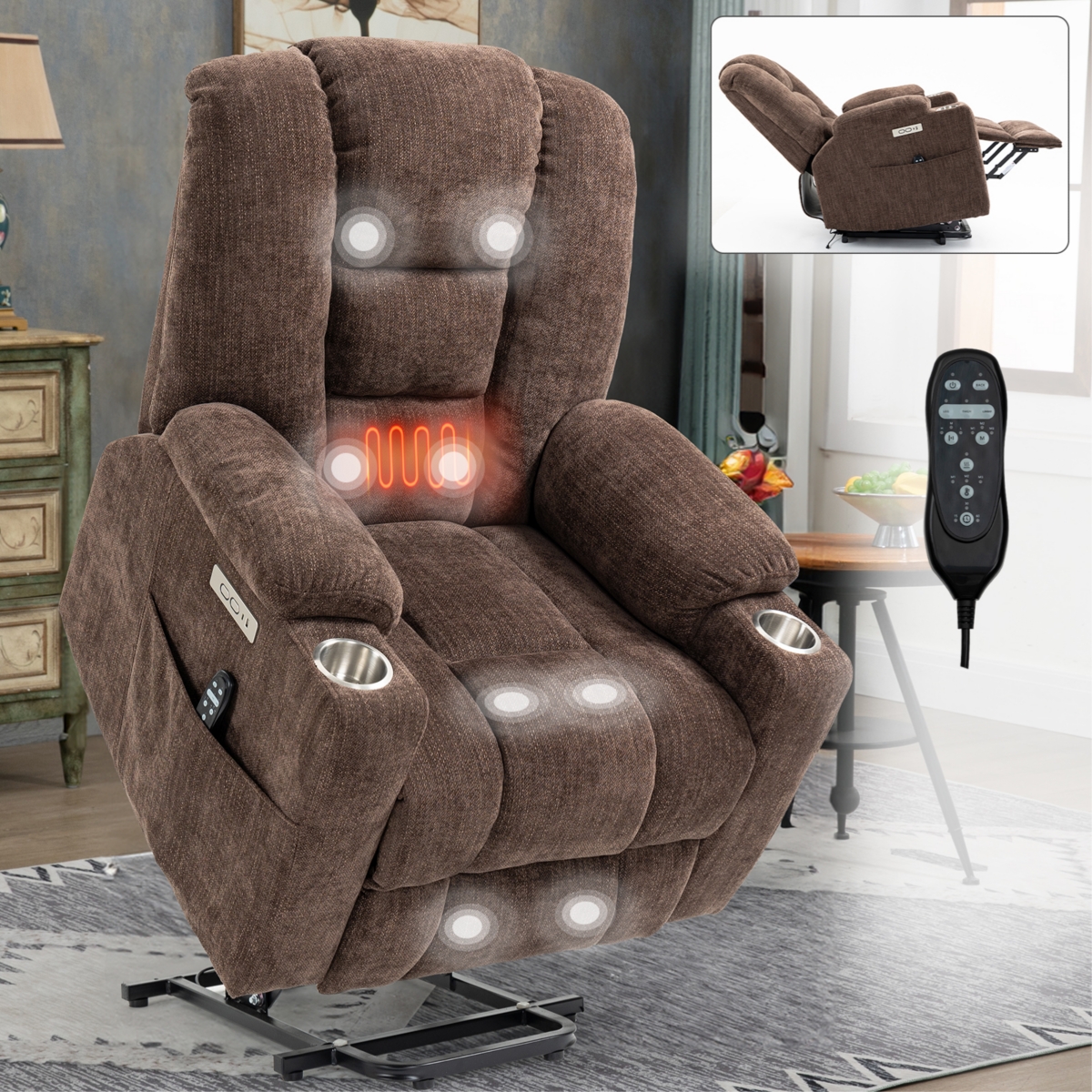 Streamdale Furniture Massage Recliner with Heat and Usb Ports for Elderly -- Brown
