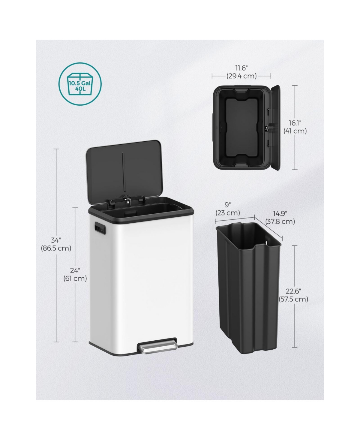 Slickblue Kitchen Trash Can, 10.5-Gallon Garbage Can with Lid and Wide Foot Pedal, Soft Close and Stays Open