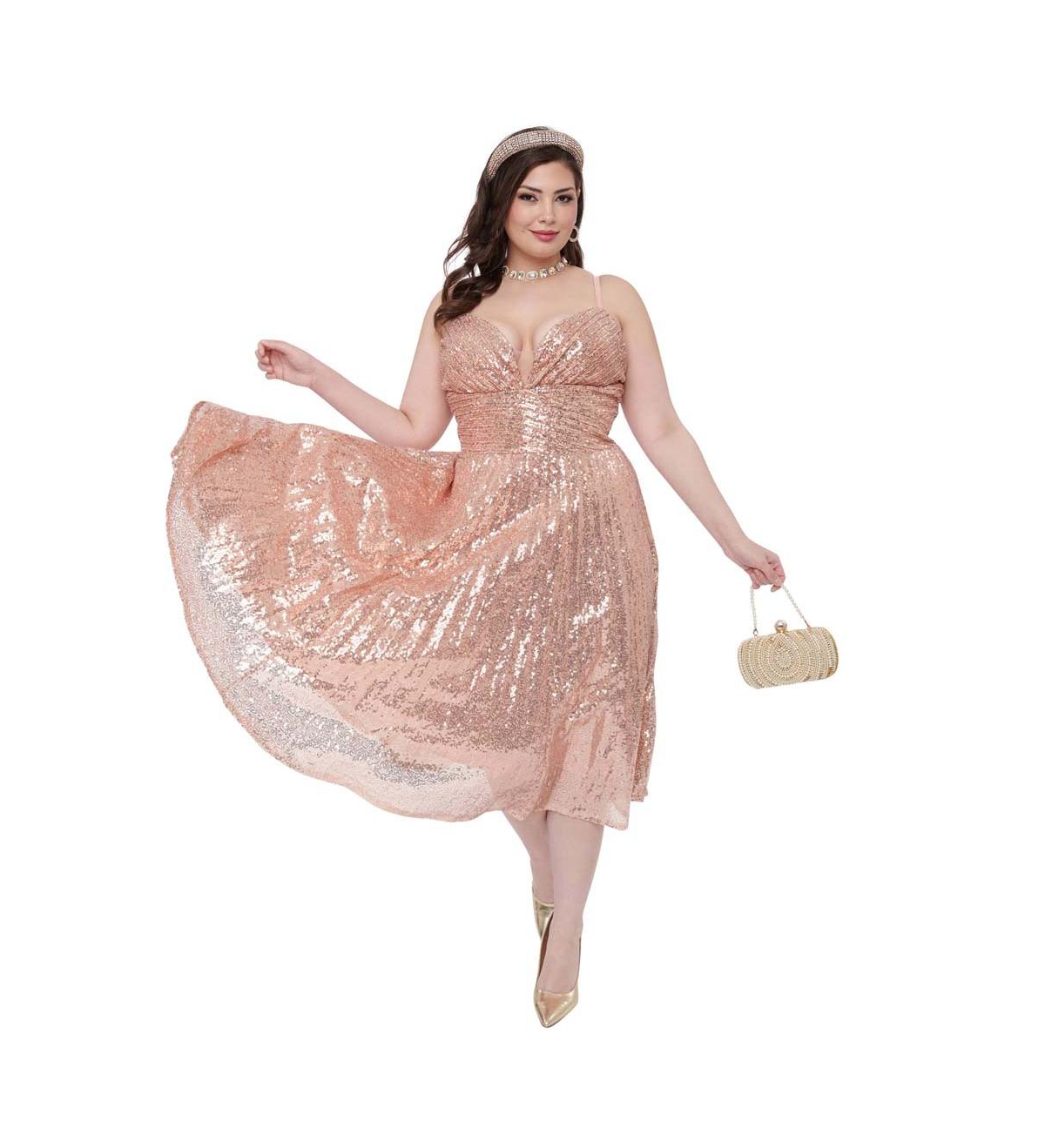 Plus Size 1950s Pleated Swing Dress - Rose gold