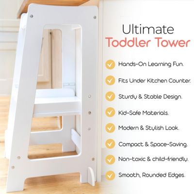 Toddler Tower with Adjustable Step, White Montessori-Inspired Toddler Step Stool, Standing Tower for Kids, Fits Under Kitchen Counters, Adjustable for 18 Month - 5 Years