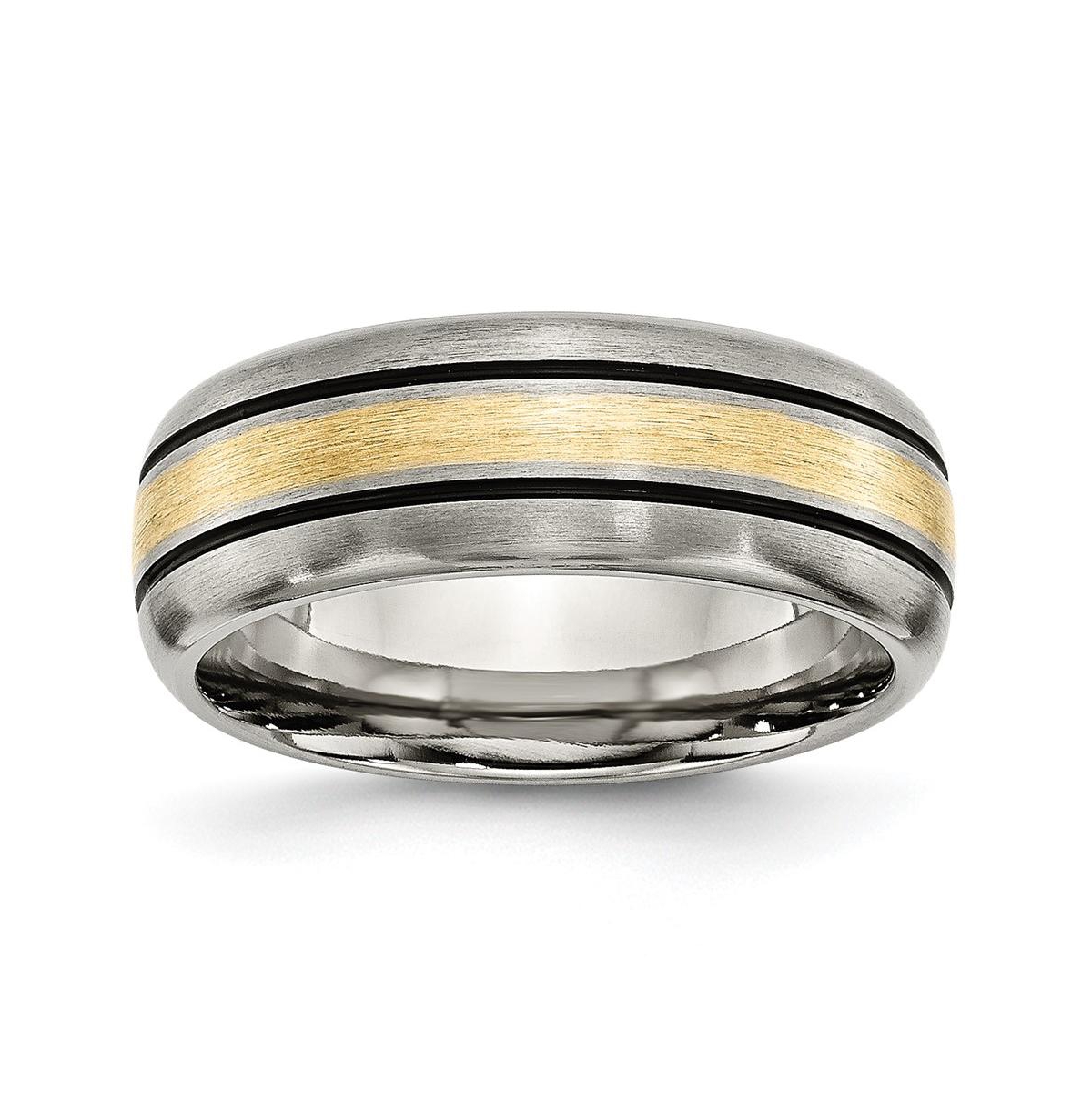 Titanium Antiqued and Brushed 14k Gold Inlay Grooved Band Ring - Yellow