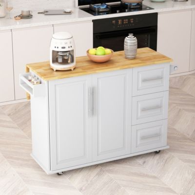 52" Solid Wood, E1 MDF Folding Desktop, 3 Drawers, Cabinet, Side Shelf, Locking Wheels Kitchen Island Cart