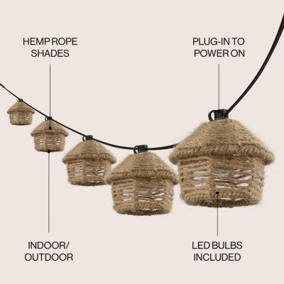Maui 10-Light Indoor/Outdoor 10 ft. Mid-Century Vintage LED G40 Tiki Hut Hemp Rope Shaded String Lights