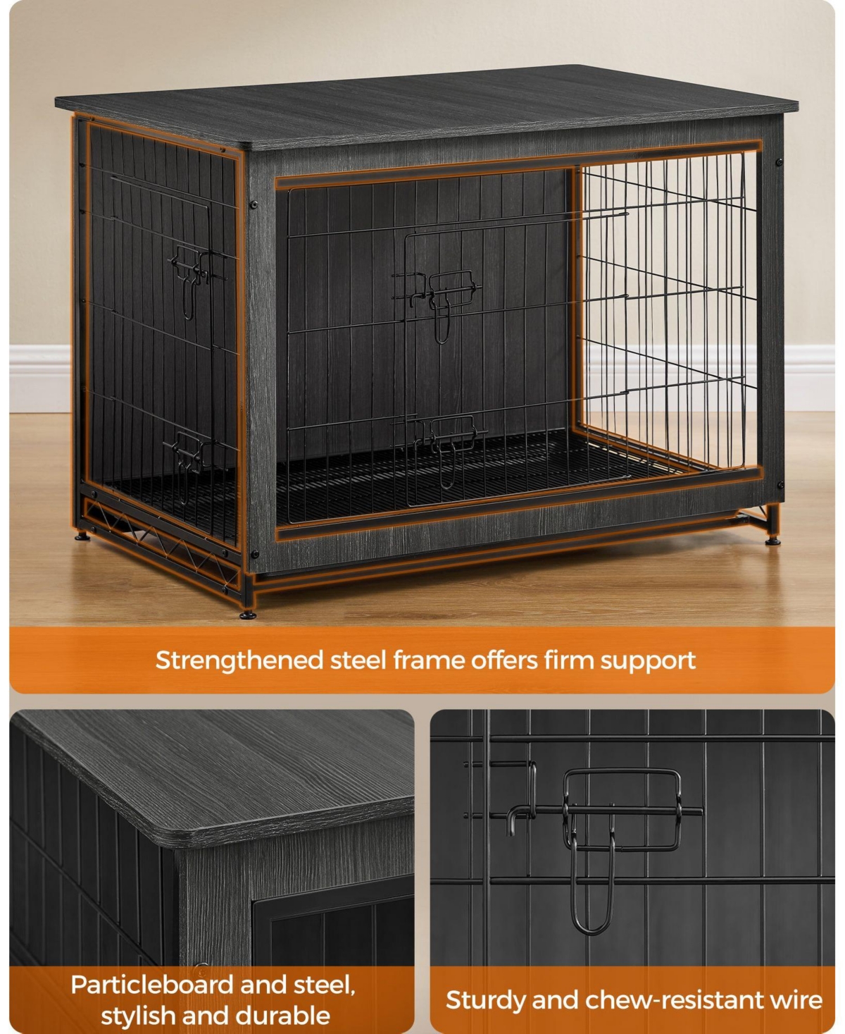 Slickblue Wooden Dog Crate, Indoor Pet Crate End Table, Dog Furniture With Removable Tray