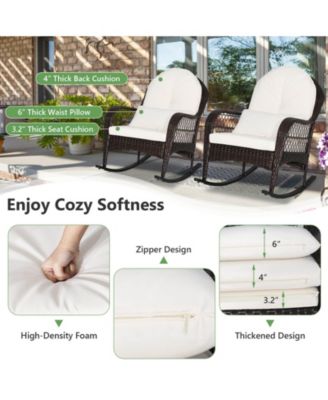Patio Rattan Rocking Chair with Seat Back Cushions and Waist Pillow