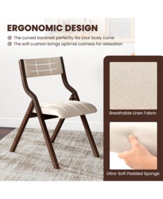 Set of 2 Wooden Folding Dining Chair with Linen Fabric Padded Seat and Backrest