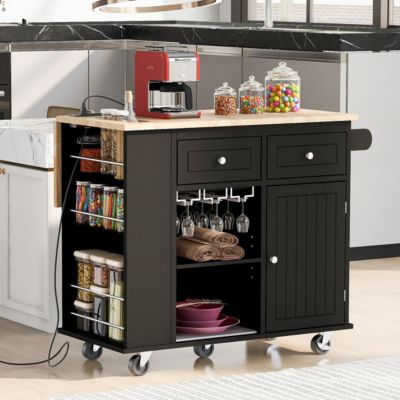 Kitchen Storage Island with Power Outlet and Wine Rack
