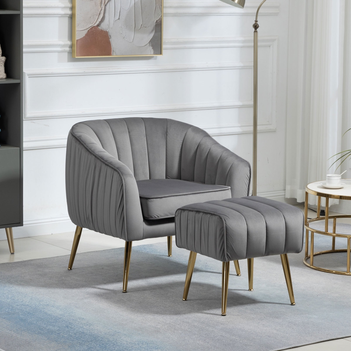 Streamdale Furniture Velvet Accent Chair With Ottoman, Modern Tufted Barrel Chair Ottoman Set For Living Room