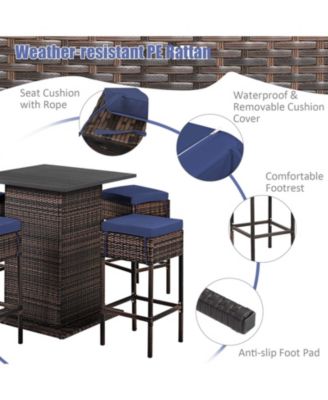 5 Pieces Patio Rattan Cushioned Bar Furniture Set with Hidden Storage Shelf