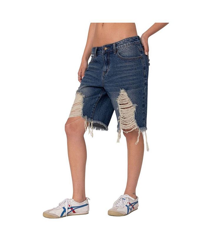 Edikted Women's Distressed Denim Bermuda Shorts - Macy's