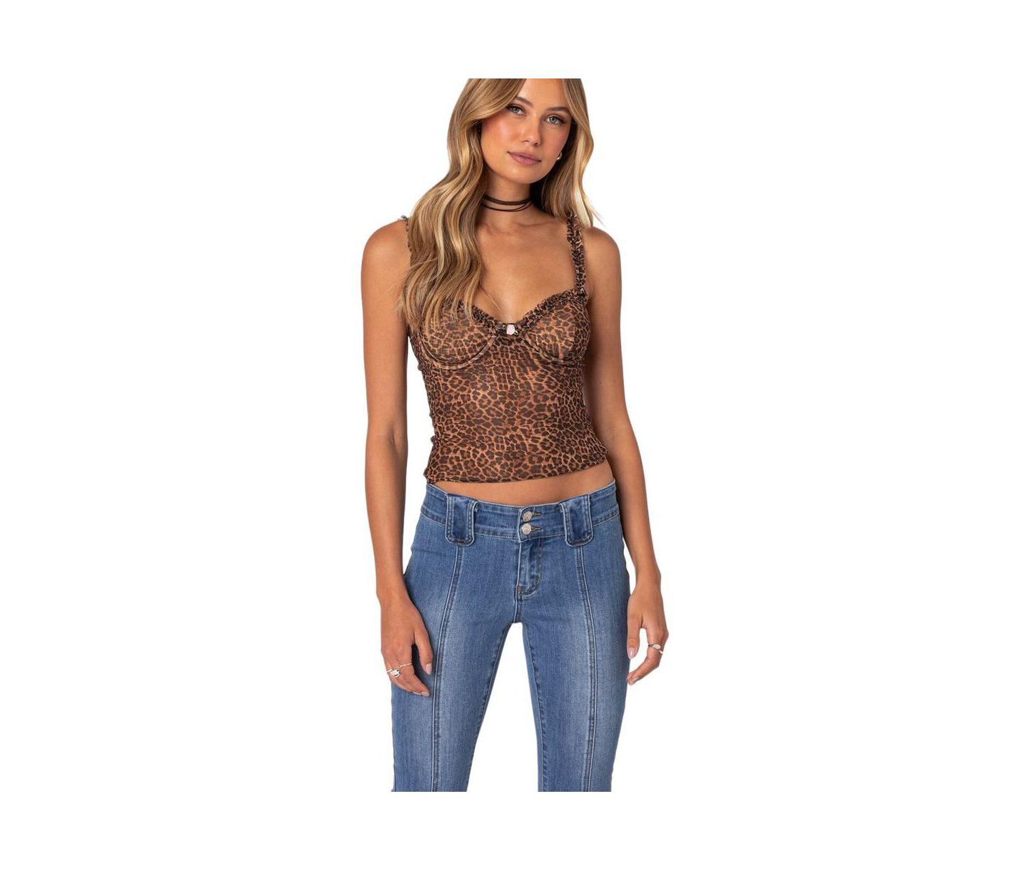 Женский топ Edikted Lidia Sheer Mesh Bra Top, цвет: Леопардовый — фото 1