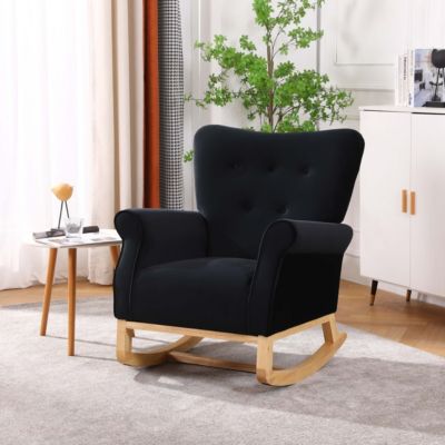 Century Fabric Rocker Chair With Wood Legs And Velvet For Living Room Bedroom