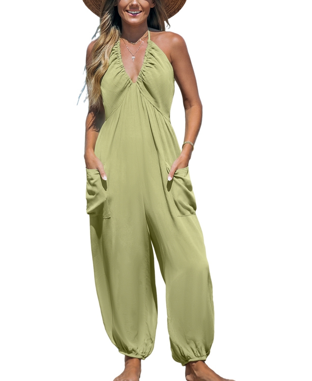 Cupshe Women's Plunge Halter Jogger Jumpsuit -pastel green