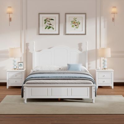 3-Pieces Bedroom Sets, Full Size Wood Platform Bed And Two Nightstands-White
