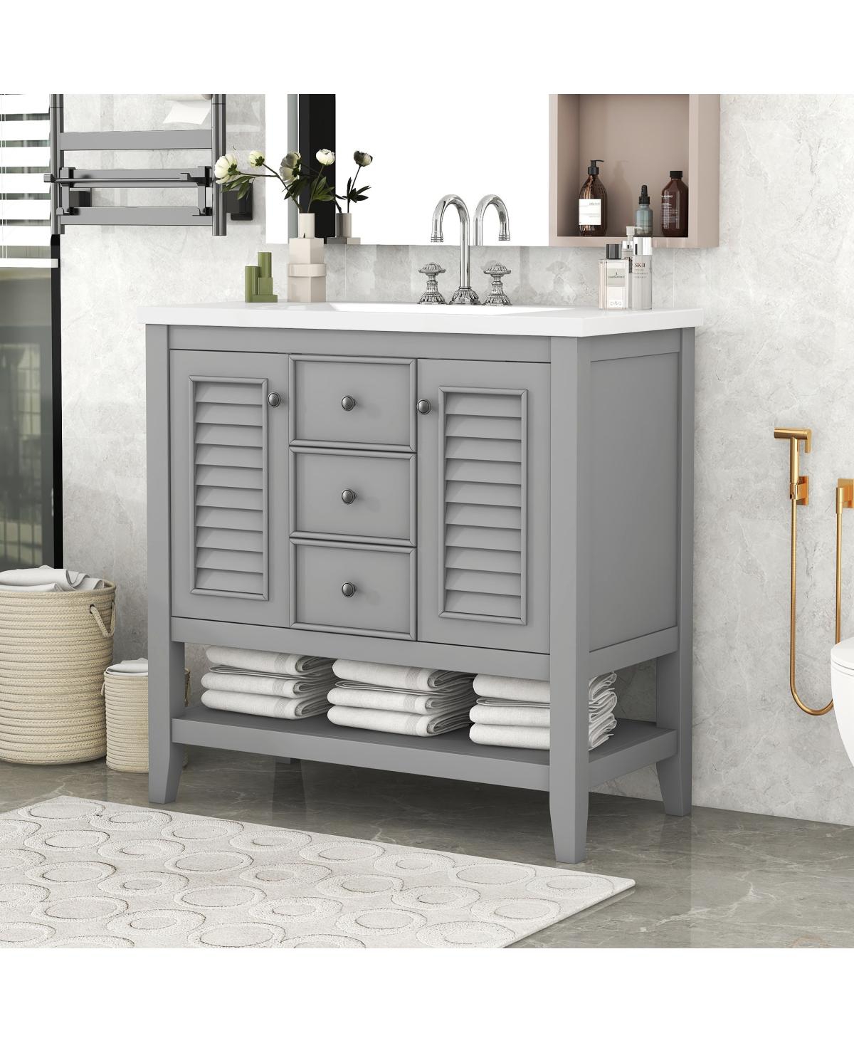 36" Bathroom Vanity With Ceramic Basin, Two Cabinets And Drawers, Open Shelf, Solid Wood Frame - Grey