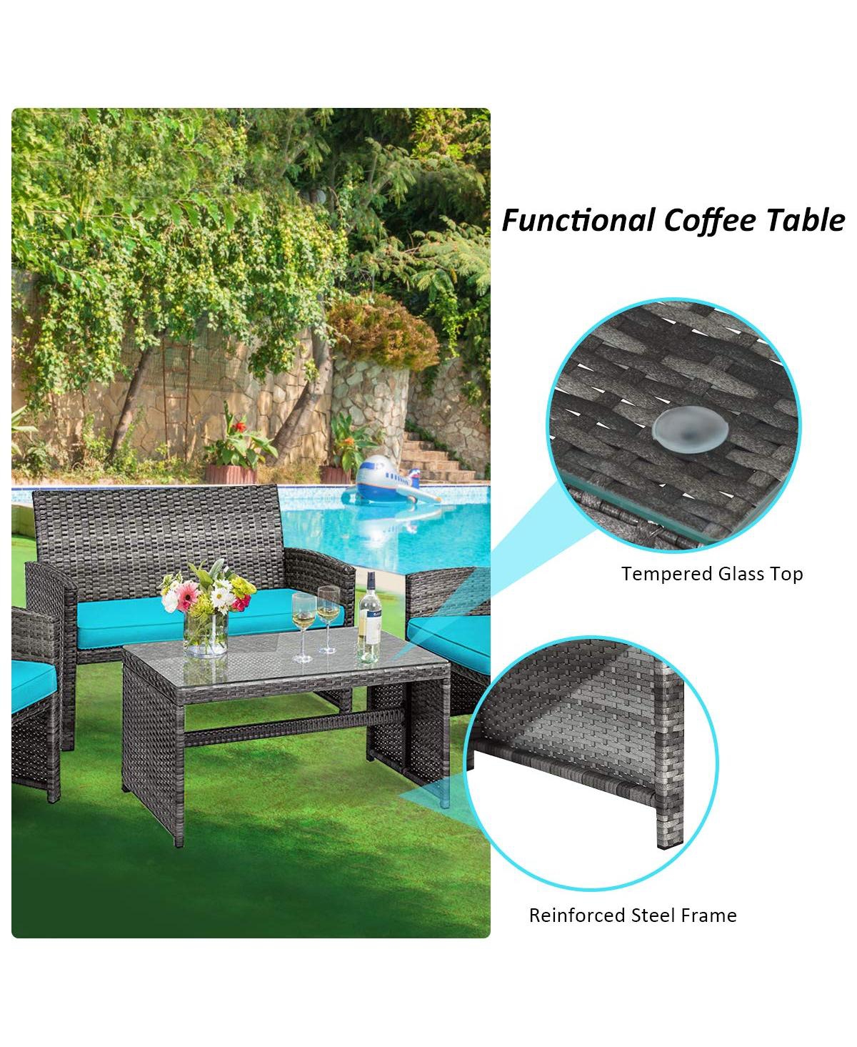 Sugift 4 Pieces Patio Rattan Furniture Set with Glass Table and Loveseat