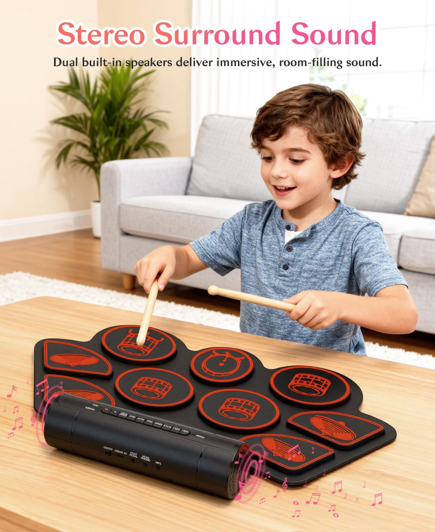 Детские игрушки SUGIFT Kids Roll-Up Electronic Drum Set with Speakers, Headphone Jack & Foot Pedals, цвет: Красный — фото 6