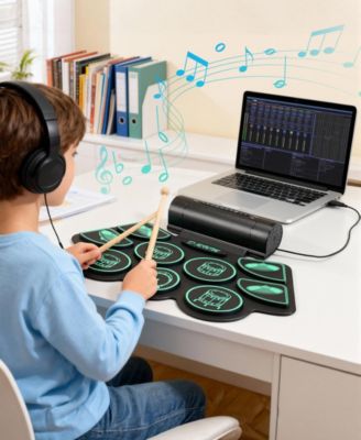 Kids Roll-Up Electronic Drum Set with Speakers, Headphone Jack & Foot Pedals - Green