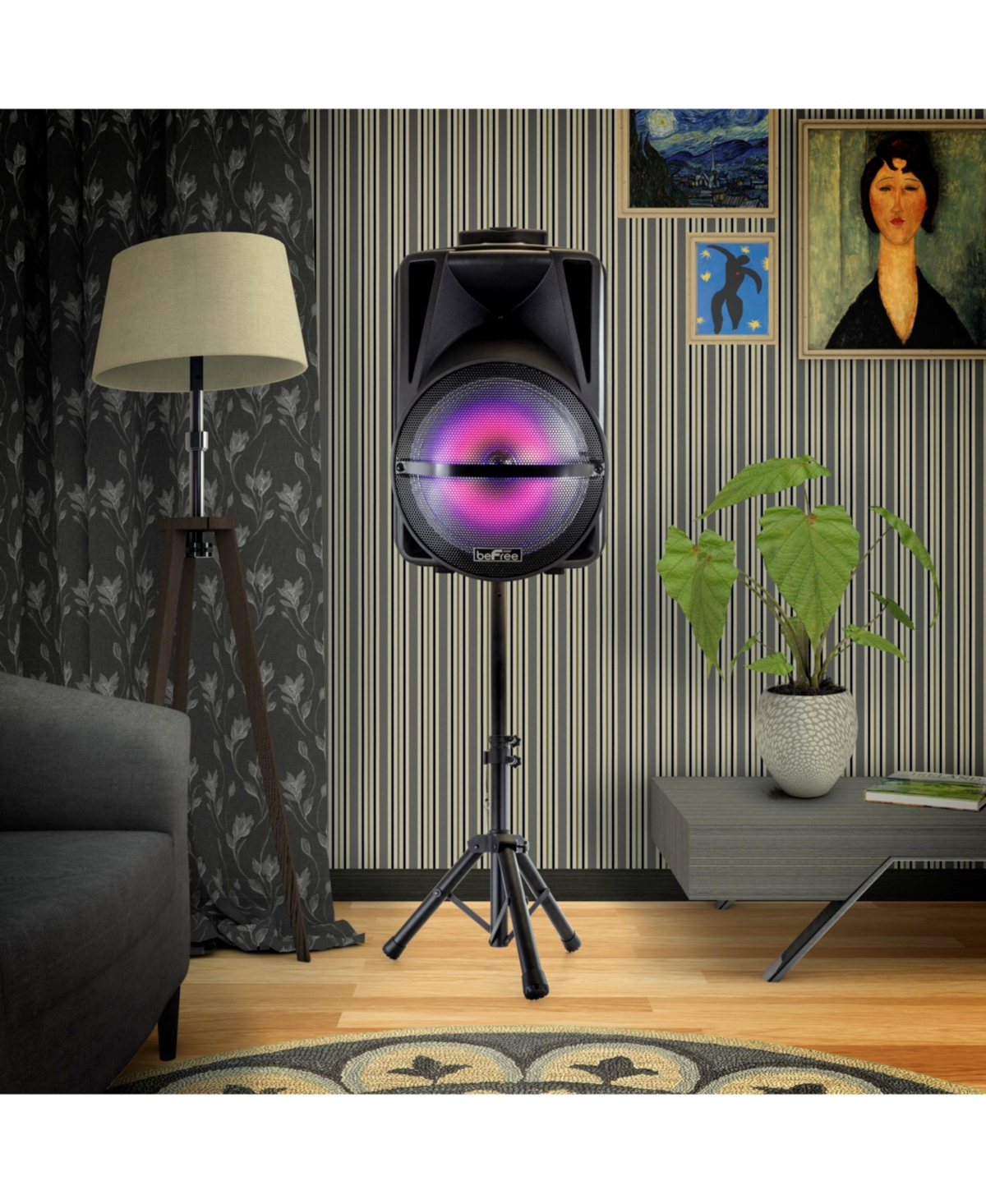 beFree Sound Bluetooth Rechargeable Portable Pa Party Speaker with Reactive Led Lights and Stand