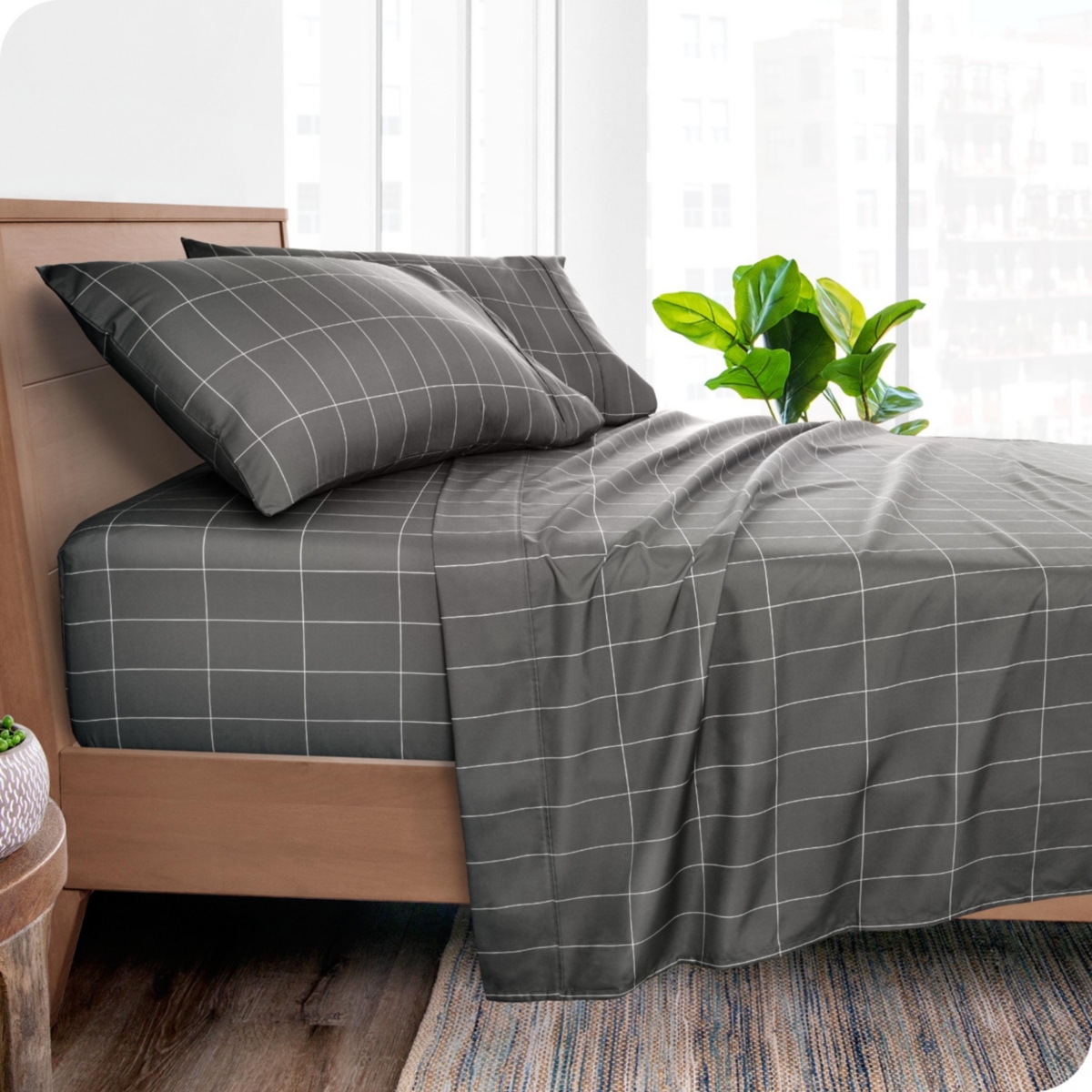 Bare Home Ultra-Soft Double Brushed Print Sheet Set - Grid - grey/white