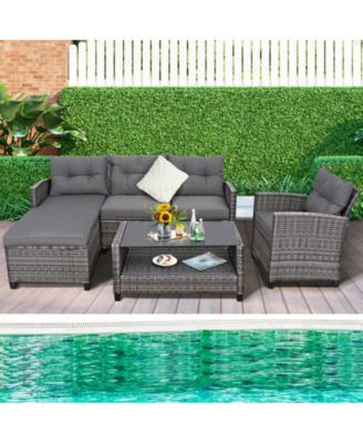 4 Pieces Patio Rattan Furniture Set with Cushion and Table Shelf