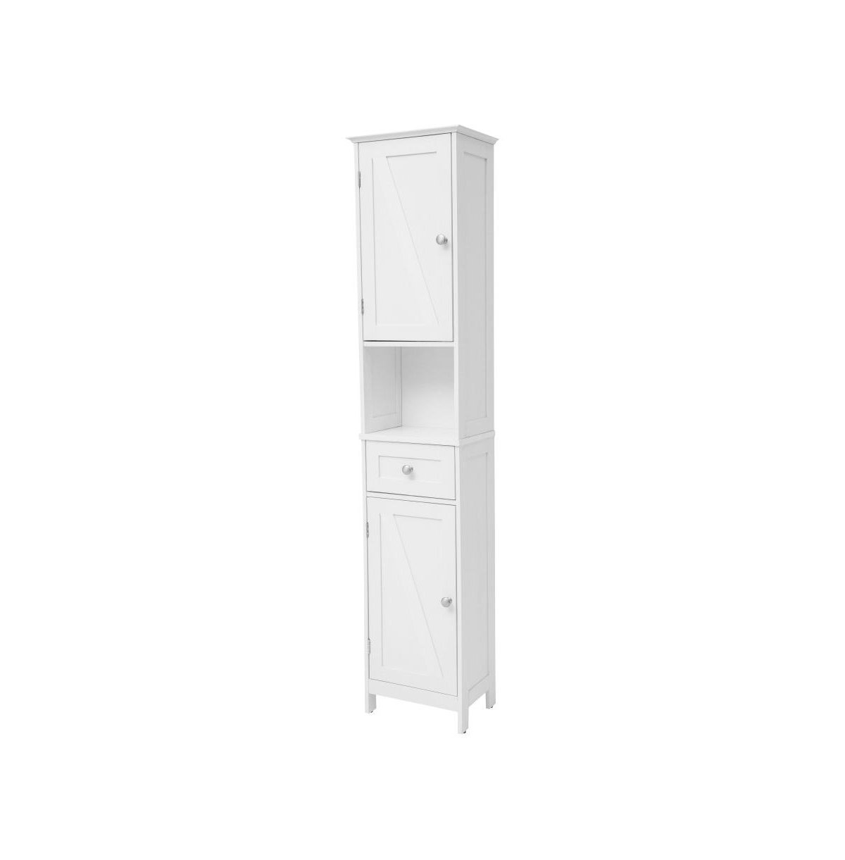 Delilah Slim Linen Tower Organizer With Storage Drawer, Upper And Lower Cabinets With Magnetic Closure Doors And Open Shelf - White
