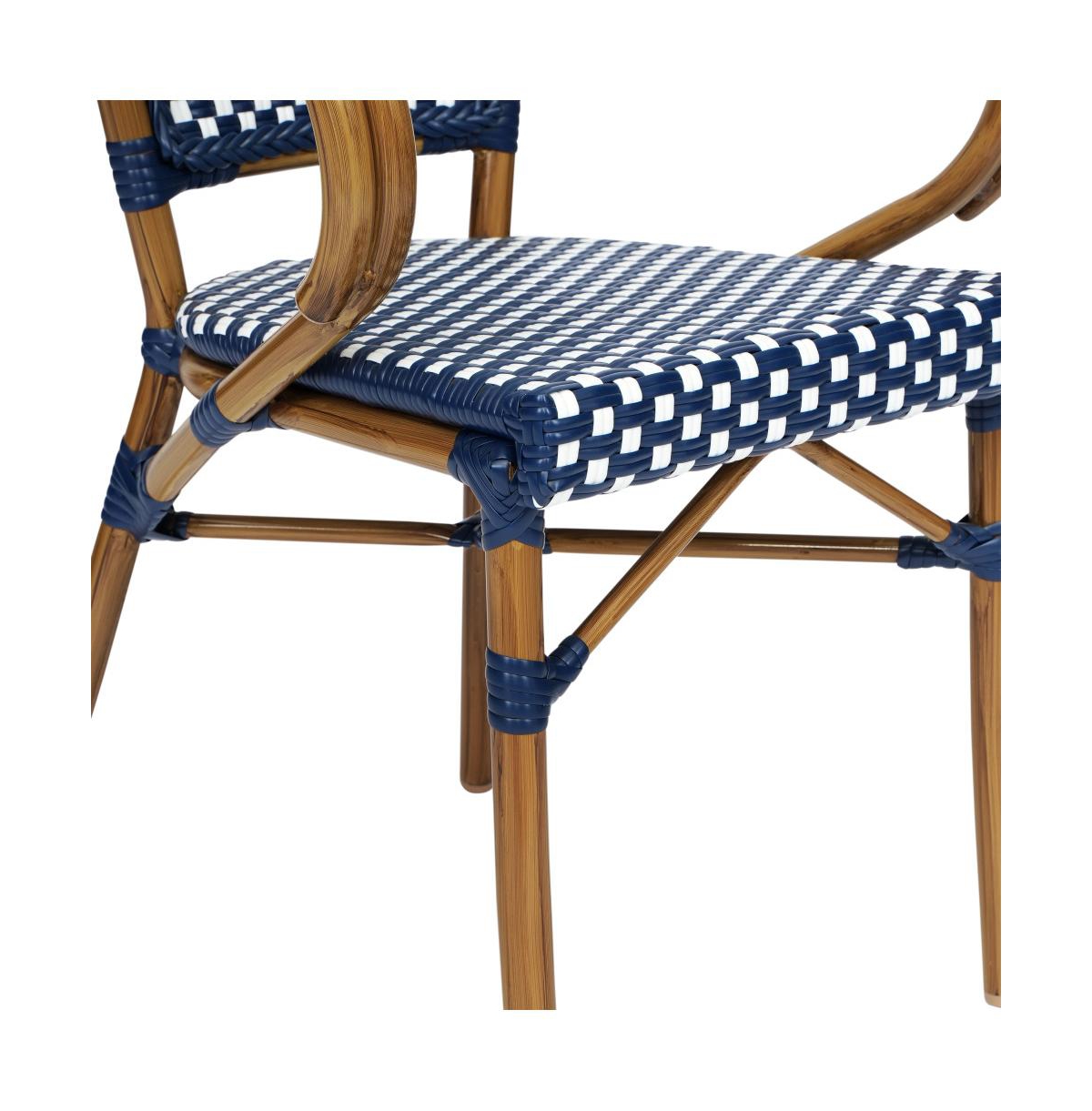 Merrick Lane Sacha Set Of Four Stacking Thonet Bistro Style Chair With Arms, Pe Rattan Seat, And Bamboo Metal Frame For Indoor/Outdoor Use - Navy  whi