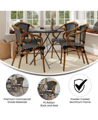 Sacha Set Of Four Stacking Thonet Bistro Style Chair With Arms, Pe Rattan Seat, And Bamboo Metal Frame For Indoor/Outdoor Use