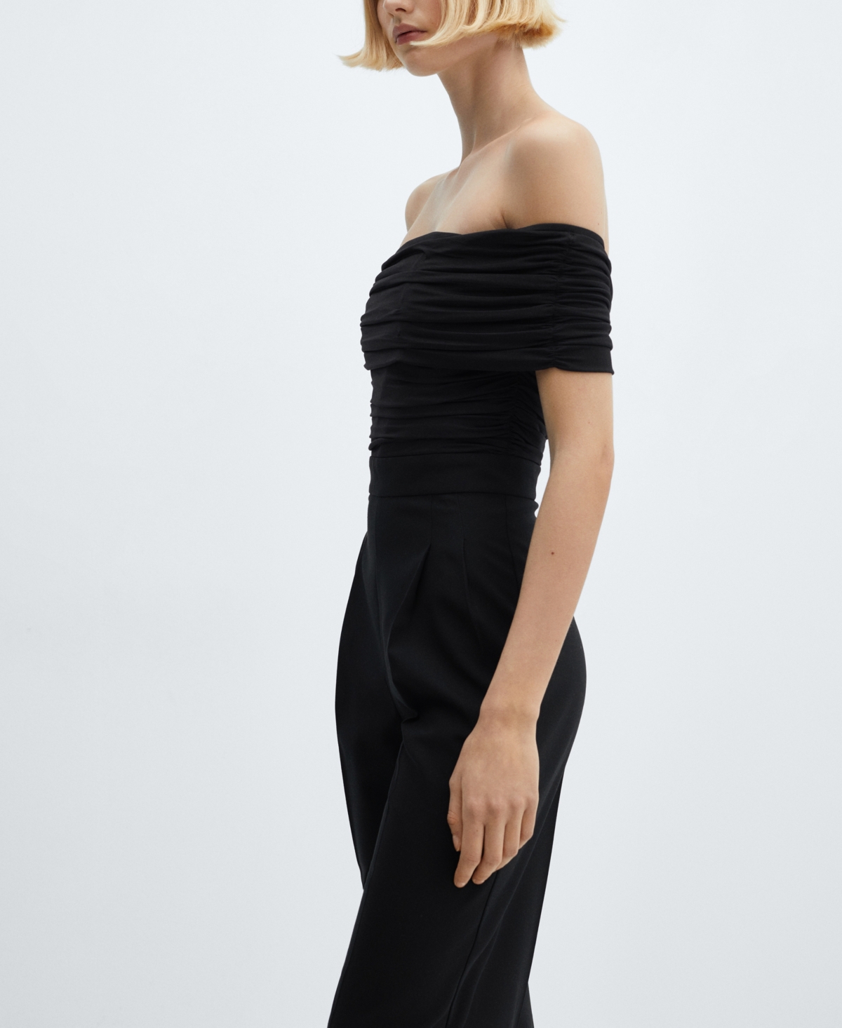 Shop Mango Women's Gathered Detail Off-the-shoulder Jumpsuit In Black