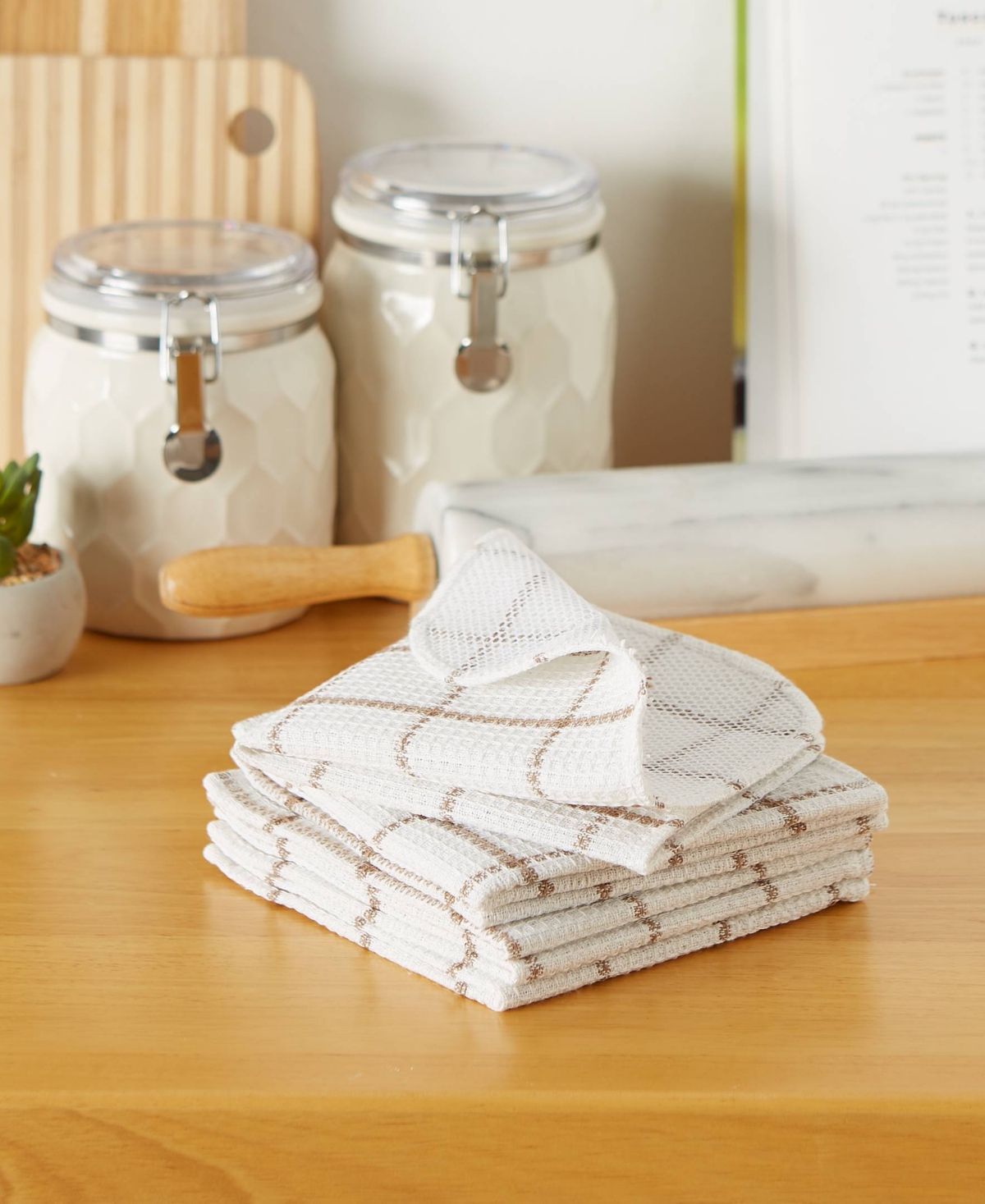 Design Imports Scrubber Dishcloths Collection Windowpane Dishrag Set, 12x12", White/Stone Stripe, 6 Piece