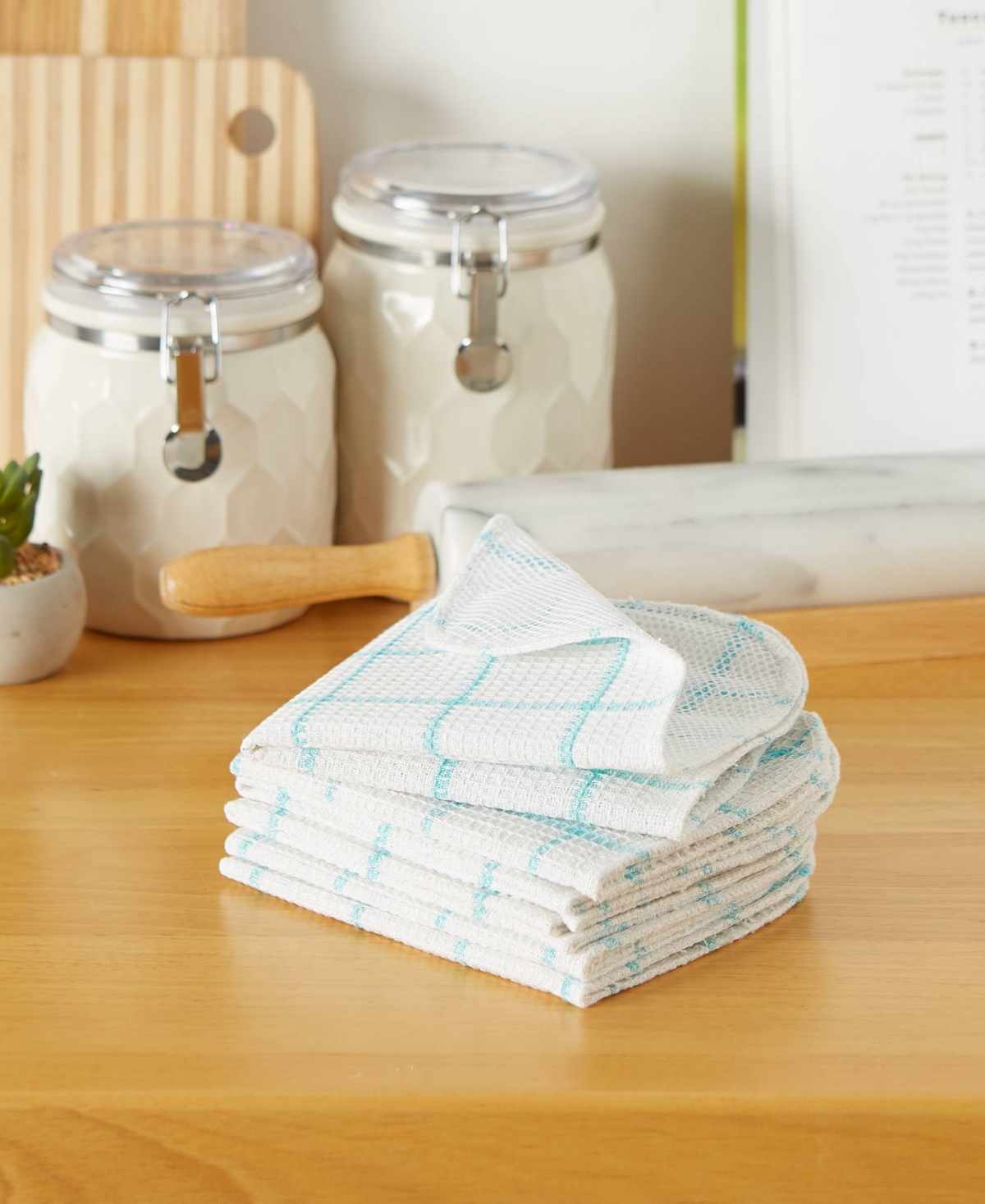 Design Imports Scrubber Dishcloths Collection Windowpane Dishrag Set, 12x12", White/aqua Stripe, 6 Piece In Aqua