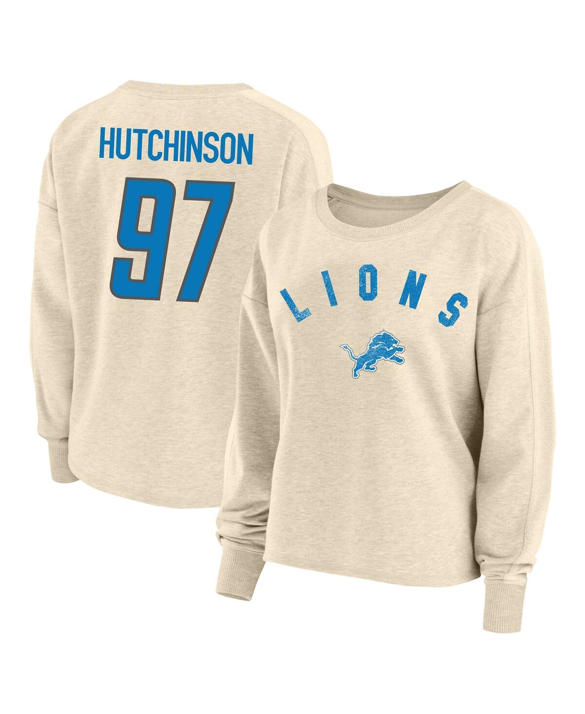 Women's Aidan Hutchinson Oatmeal Detroit Lions Plus Size Name Number Crew Pullover Sweatshirt - Oatmeal
