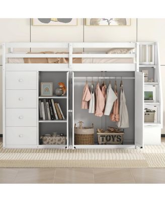 Full Size Wood Loft Bed With Built-In Wardrobes, Cabinets And Drawers