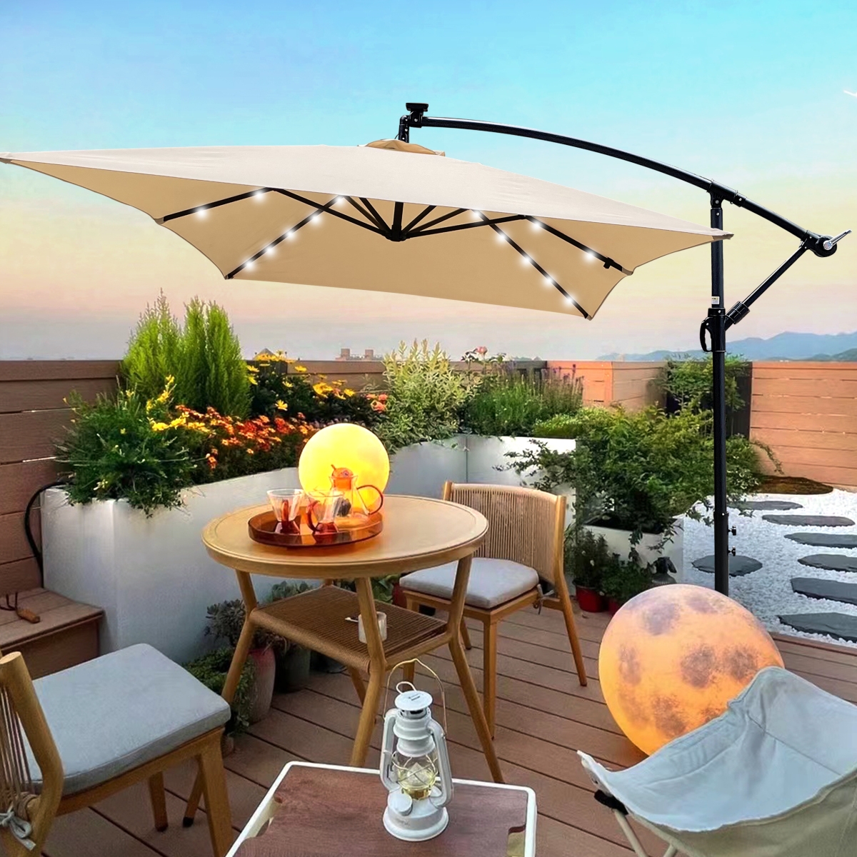 Streamdale Solar Powered Led Patio Umbrella, 8 Ribs, Crank and Cross Base