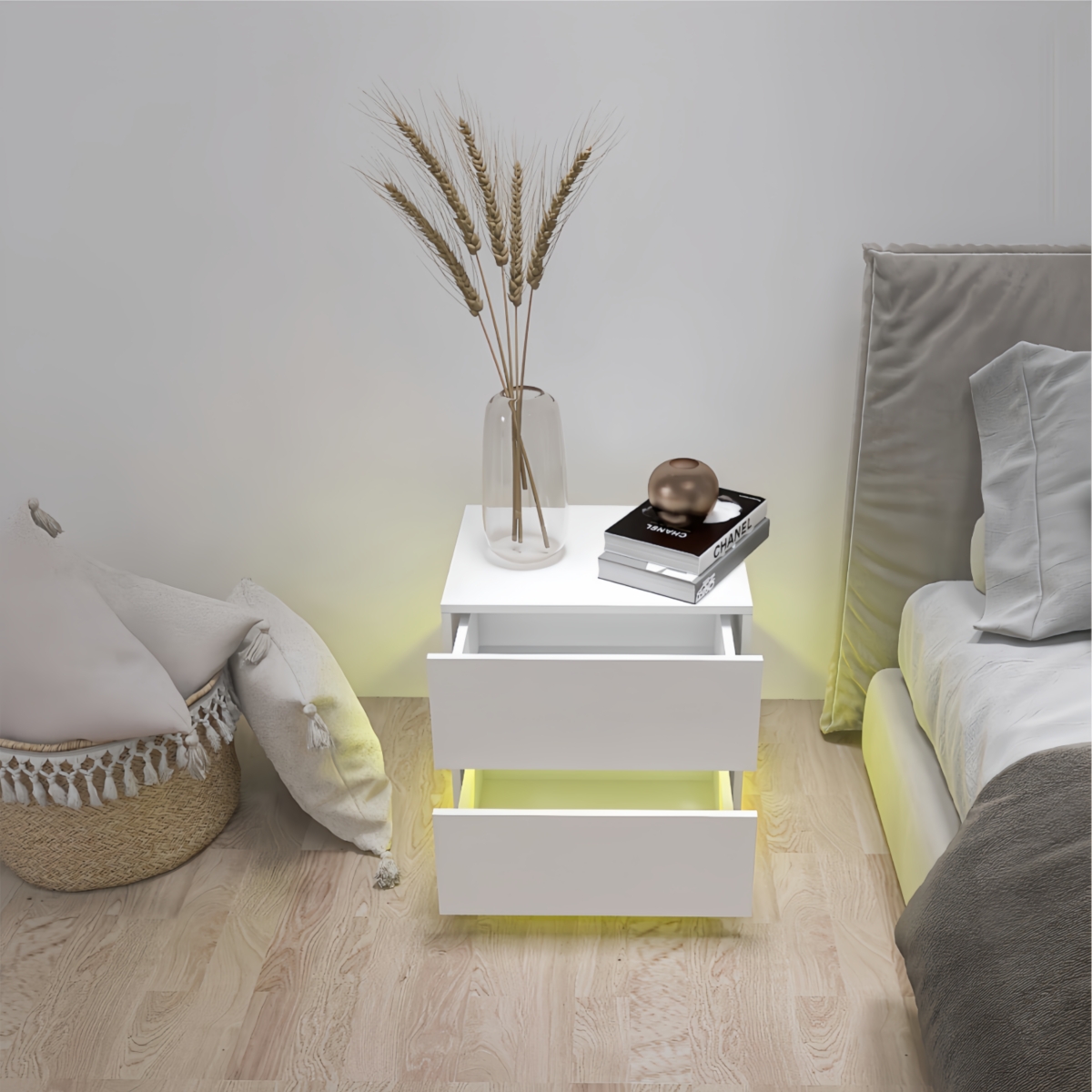 Streamdale FurnitureColor High Glossy 2 Drawers Bedside Table With Rgb Led Light Nightstand With Bluetooth Control - White