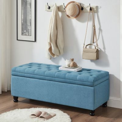 Button Tufted Storage Bench - Light Blue Linen